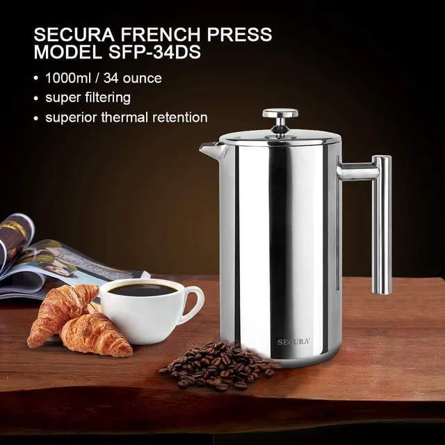 Alt view image 7 of 7 - Secura French Press Coffee Maker, 304 Grade Stainless Steel Insulated Coffee Press with 2 Extra Screens, 34oz (1 Litre), Silver