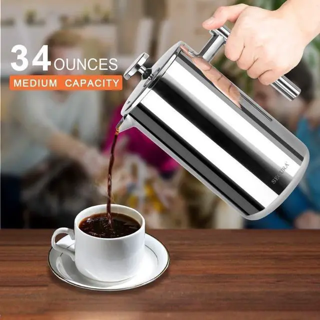 Alt view image 2 of 7 - Secura French Press Coffee Maker, 304 Grade Stainless Steel Insulated Coffee Press with 2 Extra Screens, 34oz (1 Litre), Silver