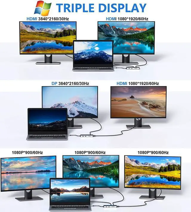 Alt view image 4 of 7 - Docking Station, USB C Adapter Dual HDMI, 9 in 1 Triple Display Multiport Adapter Dongle with 2 HDMI 4K, DisplayPort, 3 USB, 100W PD, SD/TF Card Reader for MacBook Pro Air Type C Laptops