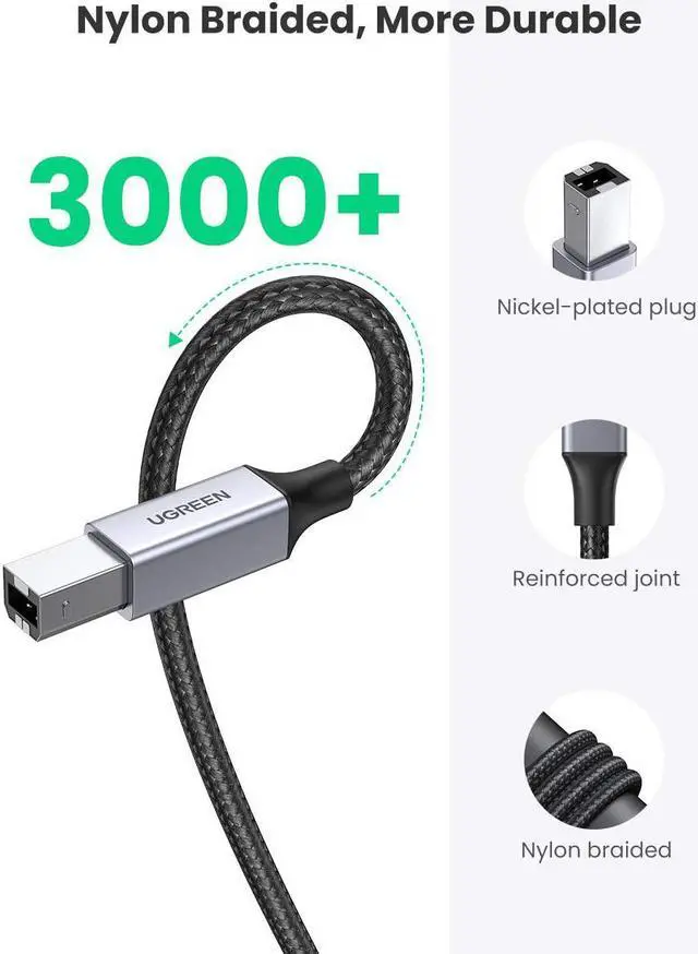 Alt view image 4 of 7 - UGREEN USB Printer Cable, 10 FT USB 2.0 A-Male to B-Male Cord High-Speed Scanner Cord Nylon Braided Compatible with HP, Epson, Canon, Dell, Brother, Lexmark, Xerox, Samsung, Piano, DAC and More