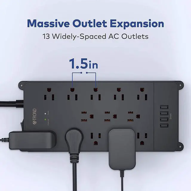 Alt view image 2 of 7 - 4000J Power Strip Surge Protector ETL Listed TROND 13 Widely-Spaced Outlets Expansion with 4 USB Ports Low-Profile Flat Plug Wall Mountable 5ft Extension Cord 14AWG Heavy Duty Black