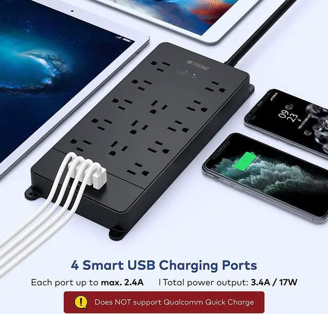 Alt view image 3 of 7 - 4000J Power Strip Surge Protector ETL Listed TROND 13 Widely-Spaced Outlets Expansion with 4 USB Ports Low-Profile Flat Plug Wall Mountable 5ft Extension Cord 14AWG Heavy Duty Black