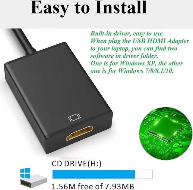 Alt view image 3 of 7 - USB to HDMI Adapter USB 3.0/2.0 to HDMI 1080P HD Video Cable Converter with Audio Compatible with Windows XP 7/8/8.1/10 for PC Laptop Projector HDTV
