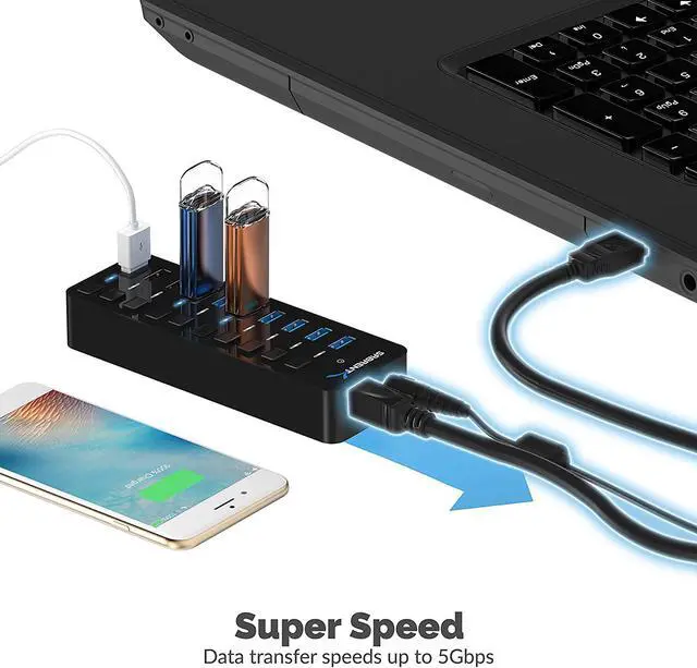 Alt view image 5 of 7 - SABRENT 10-Port USB 3.0 Hub, Individual Power Switches and LEDs, 3 Smart Charging Ports, 60W Power Adapter, for PC, Mac, Xbox, PS5, Laptop, Desktop, USB Devices (HB-B7C3)