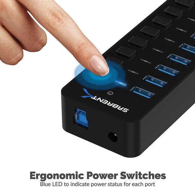 Alt view image 6 of 7 - SABRENT 10-Port USB 3.0 Hub, Individual Power Switches and LEDs, 3 Smart Charging Ports, 60W Power Adapter, for PC, Mac, Xbox, PS5, Laptop, Desktop, USB Devices (HB-B7C3)