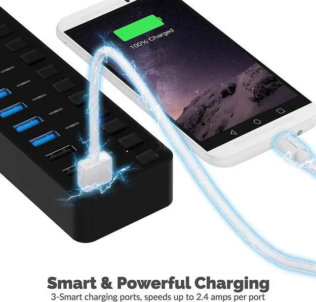 Alt view image 3 of 7 - SABRENT 10-Port USB 3.0 Hub, Individual Power Switches and LEDs, 3 Smart Charging Ports, 60W Power Adapter, for PC, Mac, Xbox, PS5, Laptop, Desktop, USB Devices (HB-B7C3)