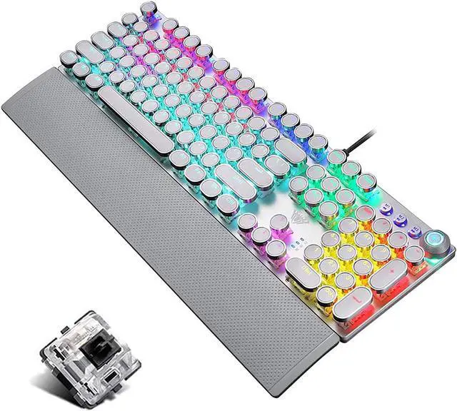 Main image of Retro Steampunk Mechanical Gaming Keyboard, Metal Panel, Black Switches, LED Backlit,USB Wired,Hand Rest,Typewriter-Style Round Keycaps,for Game and Office,for Computer Laptop Desktop PC(2088-White)