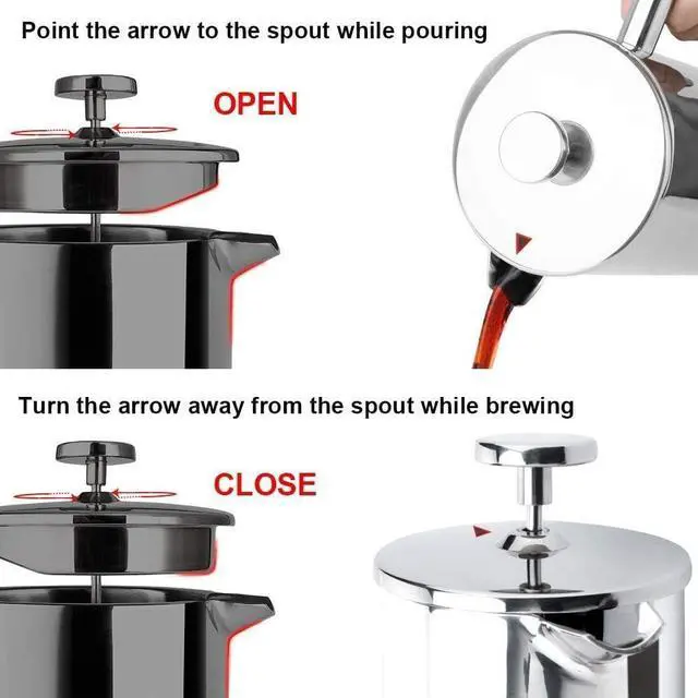 Alt view image 6 of 7 - Secura French Press Coffee Maker, 304 Grade Stainless Steel Insulated Coffee Press with 2 Extra Screens, 34oz (1 Litre), Silver