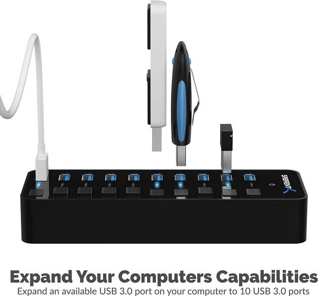 Alt view image 2 of 7 - SABRENT 10 Port USB hub 3.2x1 with Power Adapter 60W, usb3 Fast Powered Data hub, Multiple USB Splitter, USB Docking Station, multiport hubs, LEDs on/Off Switch Compatible with pc Laptop MacBook iMac