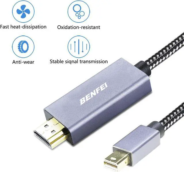 Alt view image 2 of 7 - Mini DisplayPort to HDMI Cable BENFEI Mini DP to HDMI 6 Feet Cable Compatible with MacBook Air/Pro Microsoft Surface Pro/Dock Monitor Projector and More - Grey