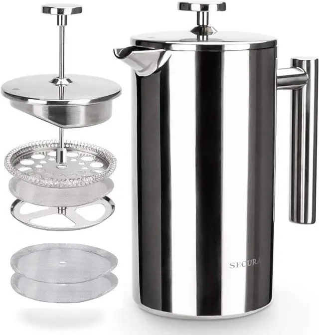 Main image of Secura French Press Coffee Maker, 304 Grade Stainless Steel Insulated Coffee Press with 2 Extra Screens, 34oz (1 Litre), Silver
