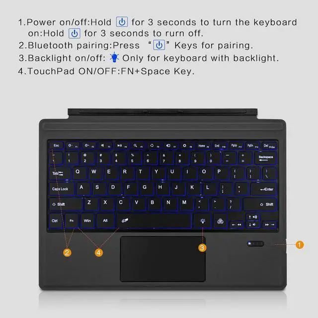 Alt view image 7 of 7 - Tomsenn Surface Pro Type Cover, Portable Wireless Bluetooth Keyboard with Touchpad, 7-Color LED Backlit and Built-in Rechargeable Battery (LED Backlit)