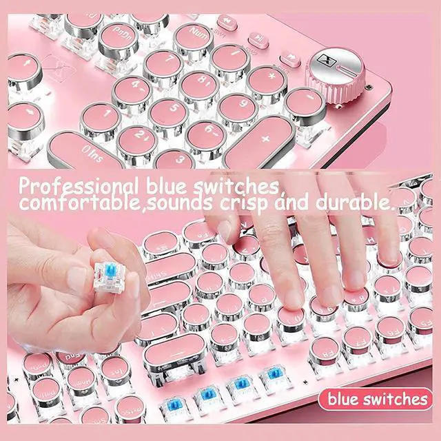 Alt view image 3 of 7 - CC MALL Gaming Keyboard,Retro Punk Typewriter-Style, Blue Switches, White Backlight, USB Wired, for PC Laptop Desktop, Stylish Round keycaps Mechanical Keyboard (Pink)