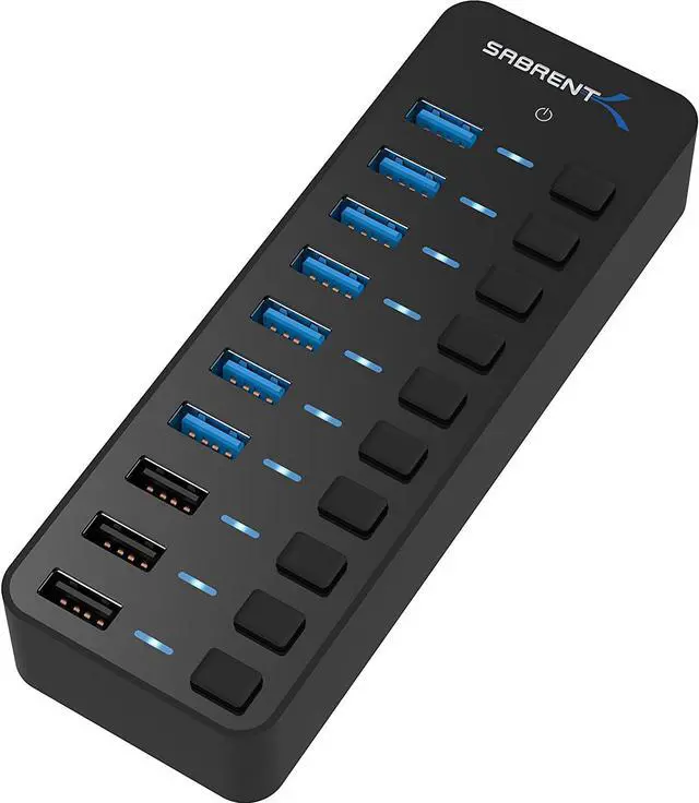 Main image of SABRENT 10-Port USB 3.0 Hub, Individual Power Switches and LEDs, 3 Smart Charging Ports, 60W Power Adapter, for PC, Mac, Xbox, PS5, Laptop, Desktop, USB Devices (HB-B7C3)