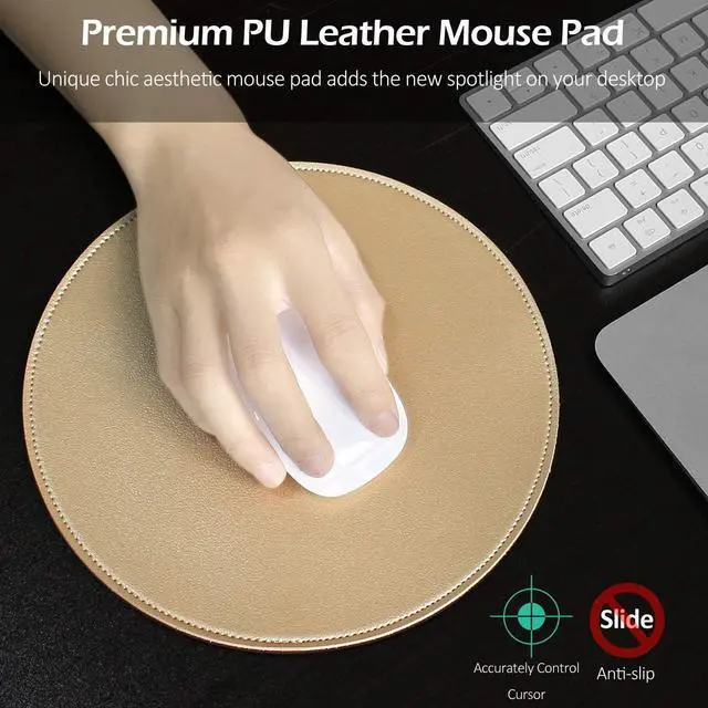 Alt view image 2 of 7 - ProElife Round Mouse Pad, PU Leather Gold Desk Mat, Non-Slip Base, 8.66"