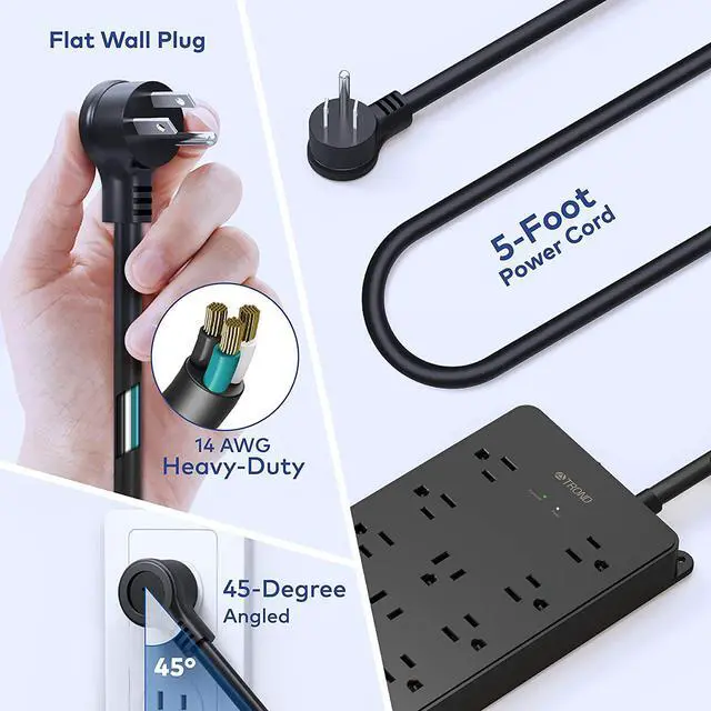 Alt view image 6 of 7 - 4000J Power Strip Surge Protector ETL Listed TROND 13 Widely-Spaced Outlets Expansion with 4 USB Ports Low-Profile Flat Plug Wall Mountable 5ft Extension Cord 14AWG Heavy Duty Black