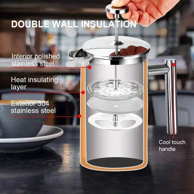 Alt view image 3 of 7 - Secura French Press Coffee Maker, 304 Grade Stainless Steel Insulated Coffee Press with 2 Extra Screens, 34oz (1 Litre), Silver