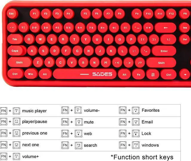 Alt view image 4 of 7 - 2.4GHz Wireless Typewriter Keyboard with 104 Cute Retro Round Keys, Letton Full Size Wireless Keyboard and Mouse Combo with 3 DPI for Computer Mac PC Laptop-Black/Red