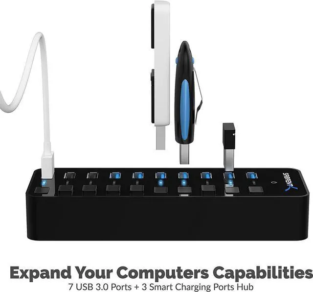 Alt view image 2 of 7 - SABRENT 10-Port USB 3.0 Hub, Individual Power Switches and LEDs, 3 Smart Charging Ports, 60W Power Adapter, for PC, Mac, Xbox, PS5, Laptop, Desktop, USB Devices (HB-B7C3)