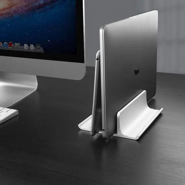 Alt view image 7 of 7 - VAYDEER Double-Slot Adjustable Vertical Laptop Stand Newly Designed 2 Slot Aluminum Desktop Holder for All MacBook/Chromebook/Surface/Dell/iPad Up to 17.3 Inches - Silver