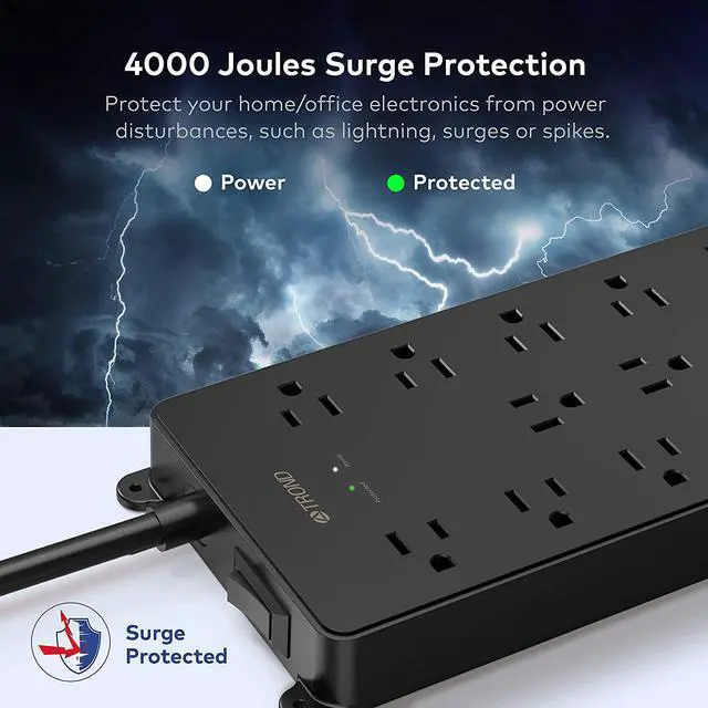 Alt view image 4 of 7 - 4000J Power Strip Surge Protector ETL Listed TROND 13 Widely-Spaced Outlets Expansion with 4 USB Ports Low-Profile Flat Plug Wall Mountable 5ft Extension Cord 14AWG Heavy Duty Black