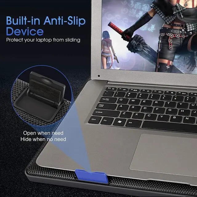 Alt view image 6 of 7 - Kootek Laptop Cooling Pad 12-17 Cooler Pad Chill Mat 5 Quiet Fans LED Lights and 2 USB 2.0 Ports Adjustable Mounts Laptop Stand Height Angle Blue