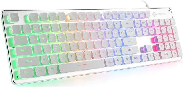 Main image of LANGTU Membrane Gaming Keyboard, Rainbow LED Backlit Quiet Keyboard for Office, USB Wired All-Metal Panel 25 Keys Anti-ghosting Computer Keyboard 104 Keys - L1 White/Silver