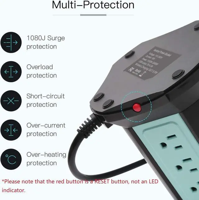 Alt view image 4 of 7 - SUPERDANNY 10ft Power Strip Tower Wireless Charger Surge Protector Extension Cord 10A 9-Outlet 4 USB 4.5A Fast Speed Charging Electrical Station Universal Socket for Laptop Phone Black and Blue