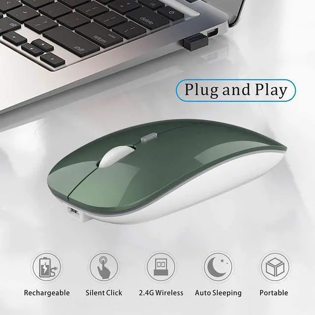 Alt view image 5 of 7 - Q5 Slim Rechargeable Wireless Mouse, 2.4G Portable Optical Silent Ultra Thin Wireless Computer Mouse with USB Receiver and Type C Adapter, Compatible with PC, Laptop, Desktop (Blackish Green)