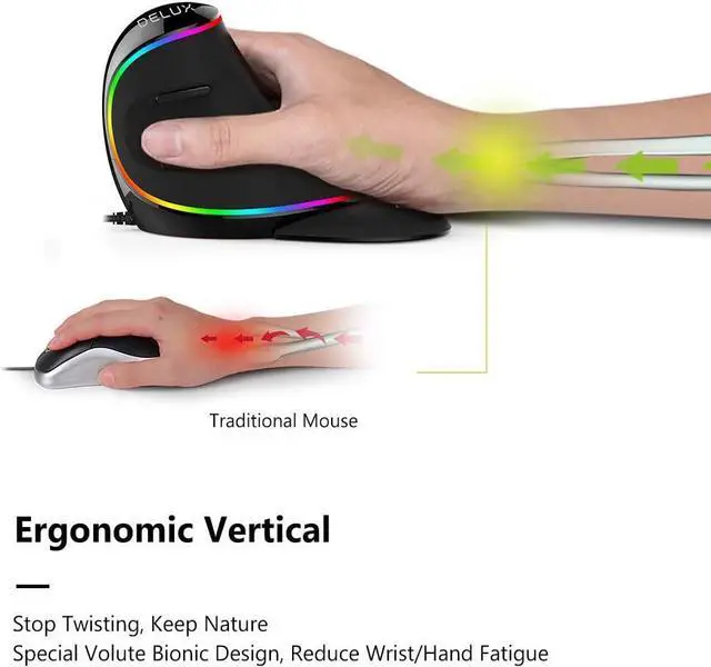 Alt view image 2 of 7 - DELUX Wired Ergonomic Vertical Mouse Large RGB Ergonomic Computer Mouse with 6 Buttons Removable Wrist Rest 4000DPI and On-Board Software Reduce Hand Strain for Carpal Tunnel(M618Plus RGB-Black)