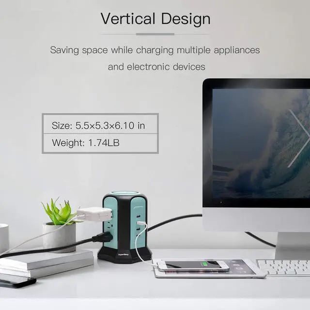 Alt view image 7 of 7 - SUPERDANNY 10ft Power Strip Tower Wireless Charger Surge Protector Extension Cord 10A 9-Outlet 4 USB 4.5A Fast Speed Charging Electrical Station Universal Socket for Laptop Phone Black and Blue