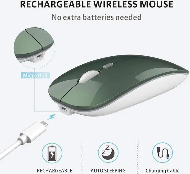 Alt view image 2 of 7 - Q5 Slim Rechargeable Wireless Mouse, 2.4G Portable Optical Silent Ultra Thin Wireless Computer Mouse with USB Receiver and Type C Adapter, Compatible with PC, Laptop, Desktop (Blackish Green)