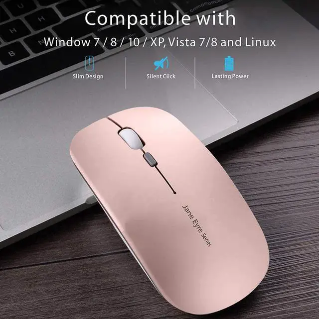 Alt view image 6 of 7 - Q5 Slim Rechargeable Wireless Mouse 2.4G Portable Optical Silent Ultra Thin Wireless Computer Mouse with USB Receiver and Type C Adapter Compatible with PC Laptop Desktop (Rose Gold)