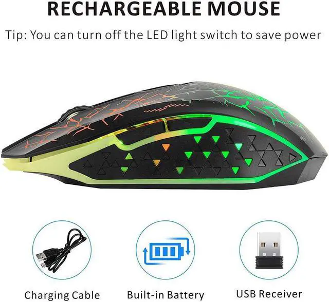 Alt view image 2 of 7 - Uciefy Q8 Wireless Gaming Computer Mouse, 2.4GHz USB Optical Rechargeable Ergonomic LED Wireless Silent Mouse, 3 Adjustable DPI, 6 Buttons, Compatible with PC, Laptop, Notebook, Desktop (Black)