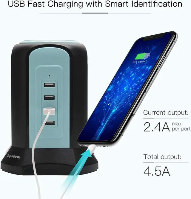 Alt view image 3 of 7 - SUPERDANNY 10ft Power Strip Tower Wireless Charger Surge Protector Extension Cord 10A 9-Outlet 4 USB 4.5A Fast Speed Charging Electrical Station Universal Socket for Laptop Phone Black and Blue