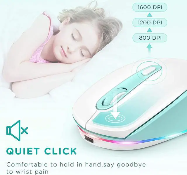 Alt view image 3 of 6 - seenda Wireless Mouse, Ultra Quiet LED Light Up Mouse with USB Receiver, Rechargeable Cordless Mice and 3 Adjustable DPI for PC Laptop Computer Chromebook, Mint Green