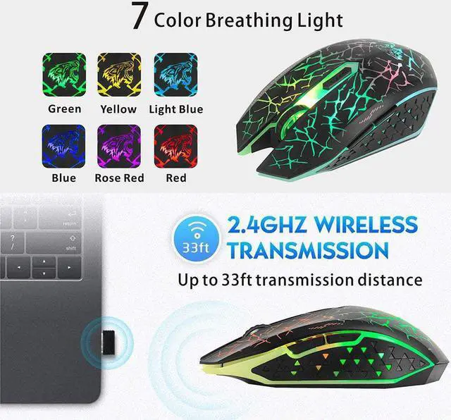 Alt view image 5 of 7 - Uciefy Q8 Wireless Gaming Computer Mouse, 2.4GHz USB Optical Rechargeable Ergonomic LED Wireless Silent Mouse, 3 Adjustable DPI, 6 Buttons, Compatible with PC, Laptop, Notebook, Desktop (Black)