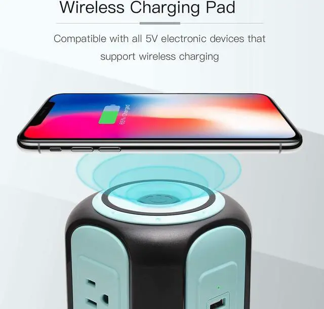 Alt view image 2 of 7 - SUPERDANNY 10ft Power Strip Tower Wireless Charger Surge Protector Extension Cord 10A 9-Outlet 4 USB 4.5A Fast Speed Charging Electrical Station Universal Socket for Laptop Phone Black and Blue