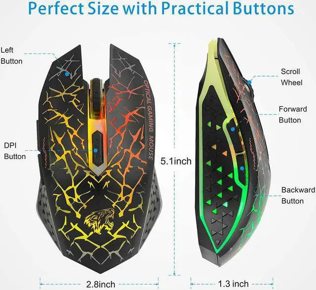 Alt view image 6 of 7 - Uciefy Q8 Wireless Gaming Computer Mouse, 2.4GHz USB Optical Rechargeable Ergonomic LED Wireless Silent Mouse, 3 Adjustable DPI, 6 Buttons, Compatible with PC, Laptop, Notebook, Desktop (Black)