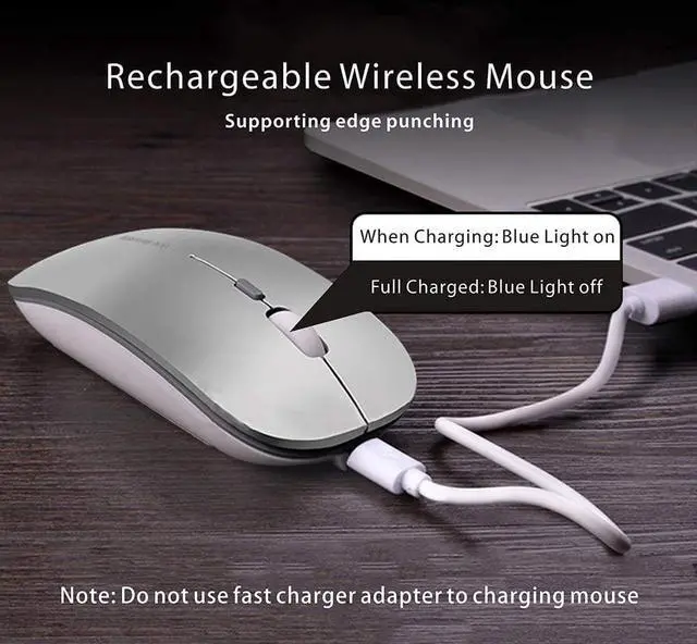 Alt view image 4 of 7 - Q5 Slim Rechargeable Wireless Mouse, 2.4G Portable Optical Silent Ultra Thin Wireless Computer Mouse with USB Receiver and Type C Adapter, Compatible with PC, Laptop, Notebook, Desktop (Silver)