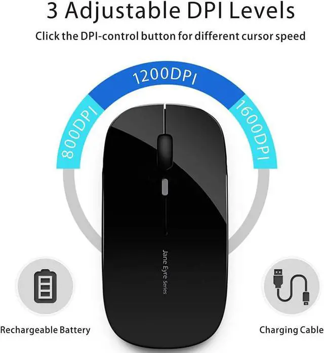 Alt view image 7 of 7 - Q5 Slim Rechargeable Wireless Mouse, 2.4G Portable Optical Silent Ultra Thin Wireless Computer Mouse with USB Receiver and Type C Adapter, Compatible with PC, Laptop, Notebook, Desktop Black