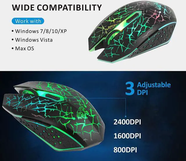 Alt view image 3 of 7 - Uciefy Q8 Wireless Gaming Computer Mouse, 2.4GHz USB Optical Rechargeable Ergonomic LED Wireless Silent Mouse, 3 Adjustable DPI, 6 Buttons, Compatible with PC, Laptop, Notebook, Desktop (Black)