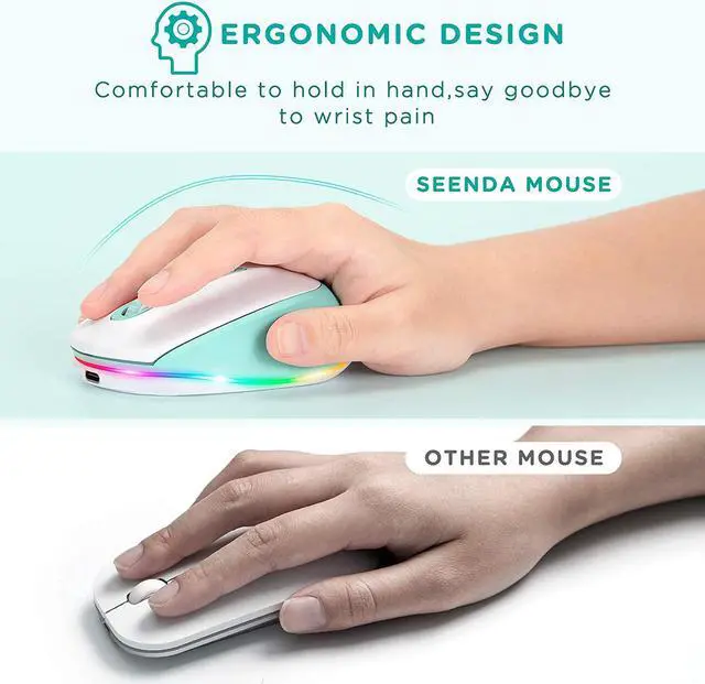 Alt view image 4 of 6 - seenda Wireless Mouse, Ultra Quiet LED Light Up Mouse with USB Receiver, Rechargeable Cordless Mice and 3 Adjustable DPI for PC Laptop Computer Chromebook, Mint Green