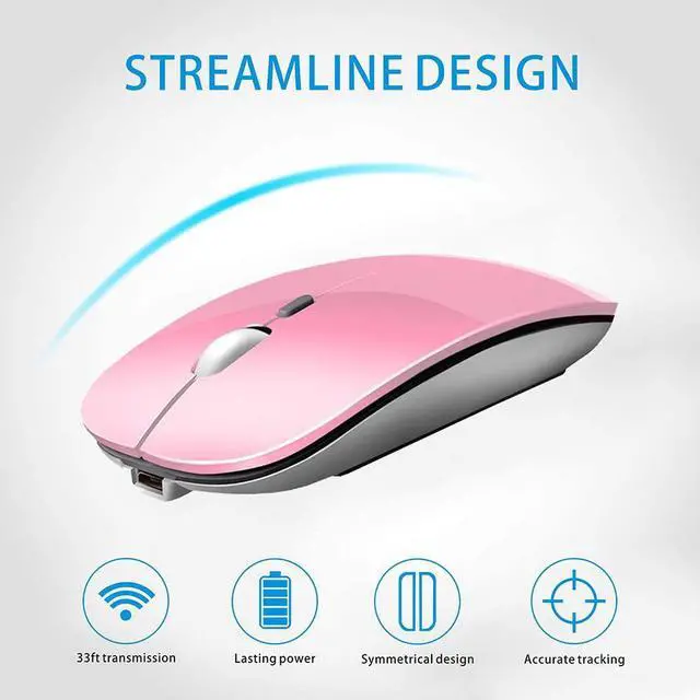 Alt view image 2 of 7 - Q5 Slim Rechargeable Wireless Mouse, 2.4G Portable Optical Silent Ultra Thin Wireless Computer Mouse with USB Receiver and Type C Adapter, Compatible with PC, Laptop, Desktop (Pink)