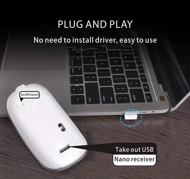 Alt view image 6 of 7 - Q5 Slim Rechargeable Wireless Mouse, 2.4G Portable Optical Silent Ultra Thin Wireless Computer Mouse with USB Receiver and Type C Adapter, Compatible with PC, Laptop, Notebook, Desktop White