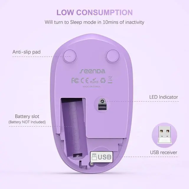 Alt view image 3 of 7 - seenda Wireless Mouse for Laptop, 2.4G Noiseless Computer Mouse,Purple | Small portable design,USB receiver, quiet clicks, smooth tracking, 24-month battery life Mice for laptop,Chromebook and PC.