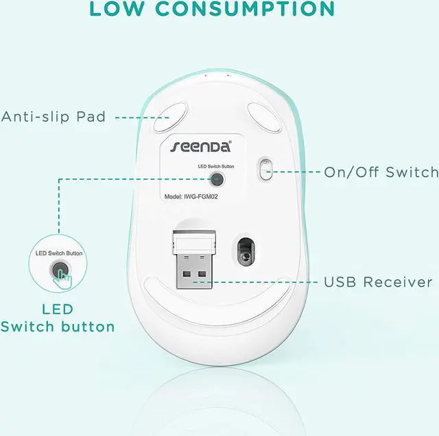 Alt view image 2 of 6 - seenda Wireless Mouse, Ultra Quiet LED Light Up Mouse with USB Receiver, Rechargeable Cordless Mice and 3 Adjustable DPI for PC Laptop Computer Chromebook, Mint Green
