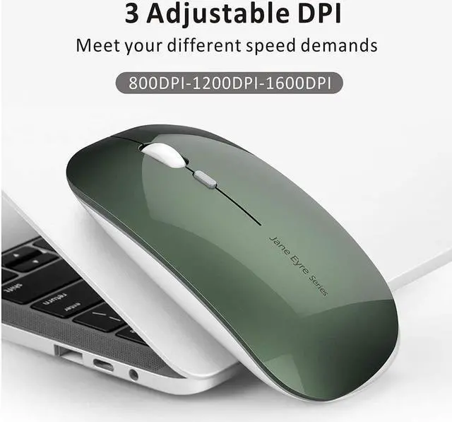 Alt view image 3 of 7 - Q5 Slim Rechargeable Wireless Mouse, 2.4G Portable Optical Silent Ultra Thin Wireless Computer Mouse with USB Receiver and Type C Adapter, Compatible with PC, Laptop, Desktop (Blackish Green)