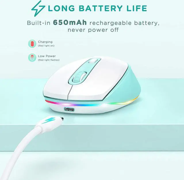 Alt view image 5 of 6 - seenda Wireless Mouse, Ultra Quiet LED Light Up Mouse with USB Receiver, Rechargeable Cordless Mice and 3 Adjustable DPI for PC Laptop Computer Chromebook, Mint Green