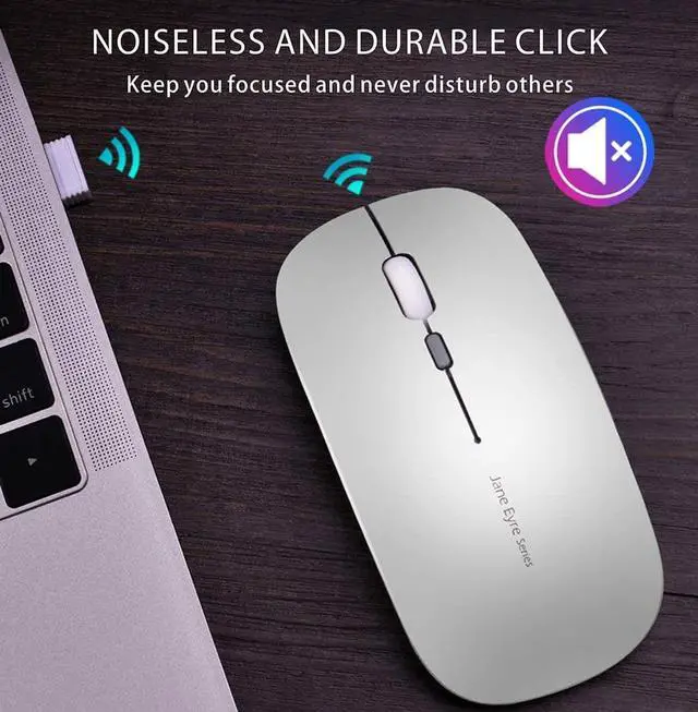 Alt view image 7 of 7 - Q5 Slim Rechargeable Wireless Mouse, 2.4G Portable Optical Silent Ultra Thin Wireless Computer Mouse with USB Receiver and Type C Adapter, Compatible with PC, Laptop, Notebook, Desktop (Silver)